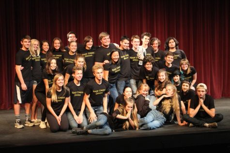 Photographer: Elena Trask
Most of Theatre 3s class pose for a group photo after a night of performances.