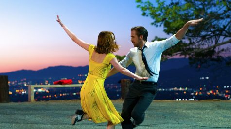 Ryan Gosling and Emma Stone dancing in film, La La Land. 
