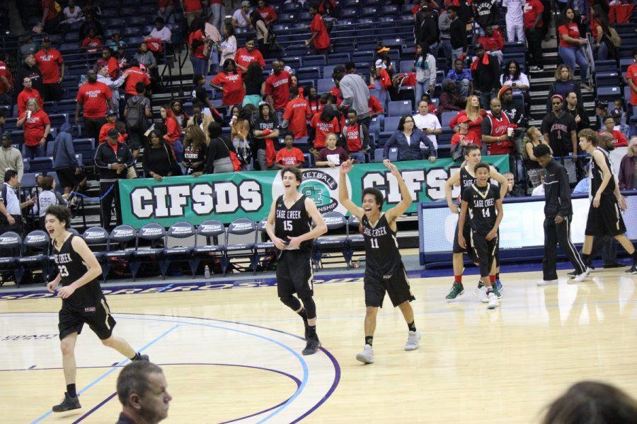 Seniors Dylan Rossi (23), Teiyler Scott (15), Xavier Allison (11), Freshman Jailen Nelson (14) energize their teammates and the Bobsquad crowd as the Matador fan base departs from USD. 