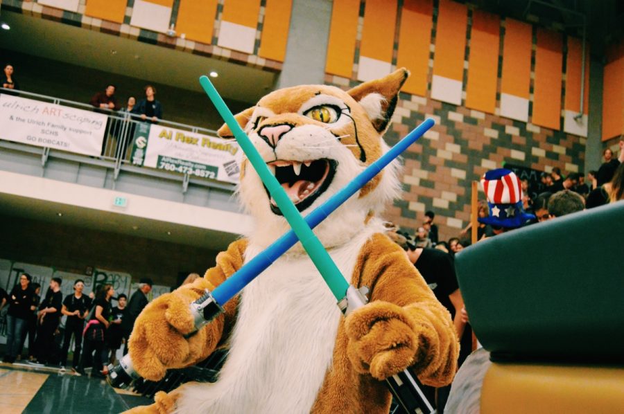 Our mascot, Bobbie, at the Hoopcoming game using lightsabers that goes along with the space theme.