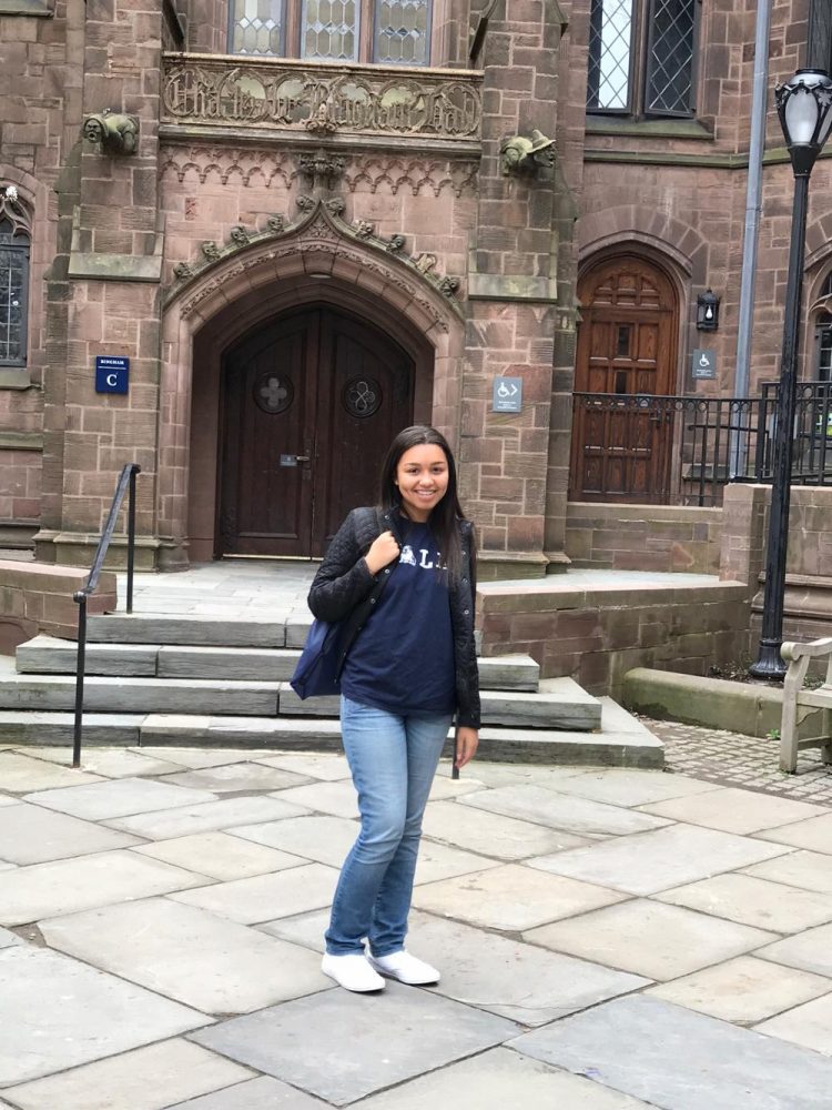 Elyse is pictured in a blue Yale pull over outside one of her future school’s buildings. Photo Credit: Elyse VanderWoude