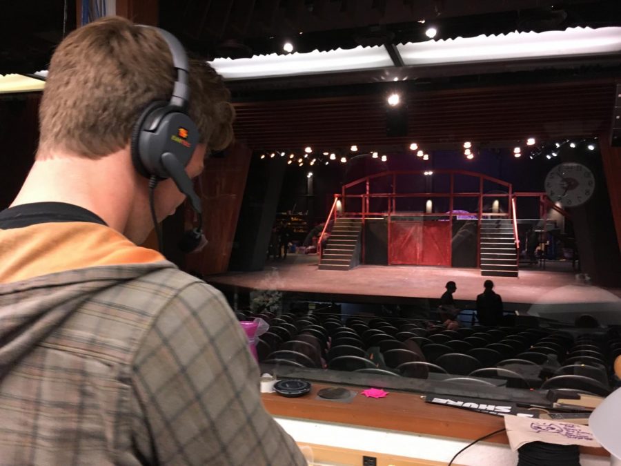 From the tech booth behind the audience, Waits oversees light, spotlight, shift, and actor cues,
consulting his binder of notes and scene changes every couple minutes. Hours at Footloose rehearsals in
the CAC were spent practicing these cues over and over again. ______________________________________________________________________________ Image Title: Cuatro.JPG
Attribution: photo by Chloe Carty, senior tech volunteer
Caption: On opening night of Footloose, Thursday, February 22nd, Waits stands before the entire cast
for his last full-length musical with Sage Creek Drama as a high school