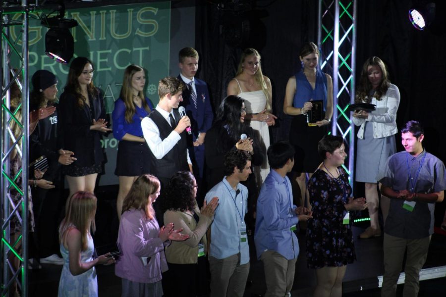 All 17 seniors that were represented on stage throughout the night of the Symposium were rewarded with personalized plaques at the conclusion of the night in order to honor all of the hard work and dedication they had supplied within their project. Seniors that presented at the first ever Genius Project Symposium in 2017 dispersed the panels across the stage and the night came to a close with final words from hosts Brad Nelson and Maanasee Deshmukh.