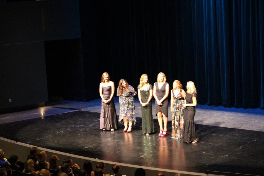 The VAPA teachers, who made the Gala possible, stand on stage to commemorate students for putting on the first PAC show of the year. All of the branches of VAPA at Sage Creek worked together to put on the Gala that helped raise money for the VAPA department.