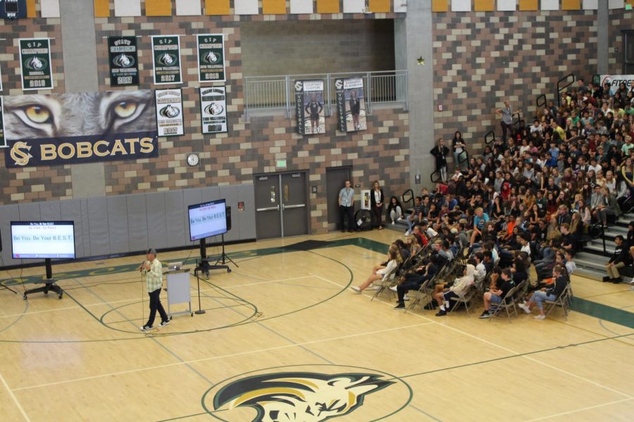 Seniors listen in on Mr. Morales’ speech regarding personal wellness during Wednesday’s assembly. This assembly took place during the advisory period and took place in order to inform both the new and returning student body and staff how assembly procedures are to take place.