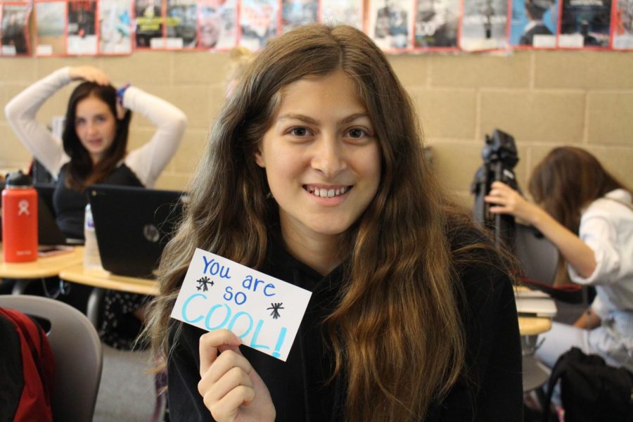 Senior Kylie Valency is one of many sage creek students to receive a kindness card. Over 300 cards were created and dispersed around the Sage Creek campus on Wednesday, Sept. 26; Each card depicted a friendly or nice message and was passed from class to class, student to student, throughout the duration of the school day in honor of the “Start With Hello” week.