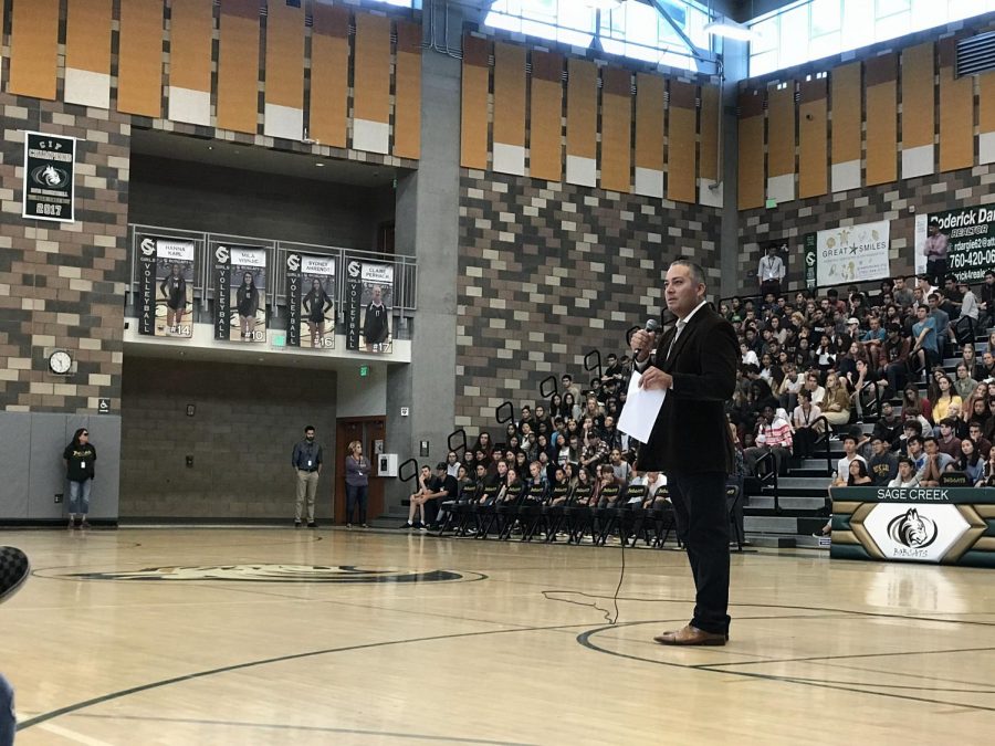 Principal Cesar Morales addresses the problem of hate speech to the entire campus. Every Sage Creek student, teacher and staff member was present to hear what Morales had to say.