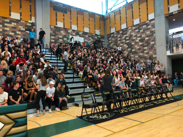 The senior class positions themselves inside of the gym following the impromteu announcement by principal Céasar Morales gathering the entirety of the student body and faculty members for a last minute assembly. The assembly discussed sensitive topics including hate speech and discriminatory actions while reenforcing Sage Creek’s core values (B.E.S.T.C.C.A.T.S.) to all of those on campus. 