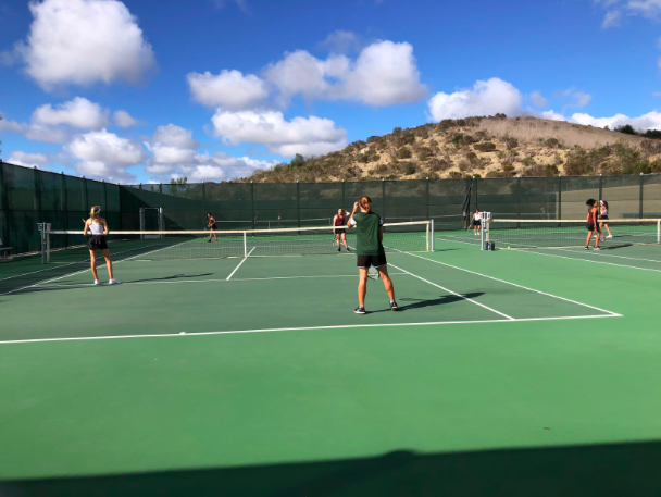 Members of the girls tennis team on court competing against Rancho Buena Vista High School. Their game against RBV took place this past Thursday, Oct. 4.