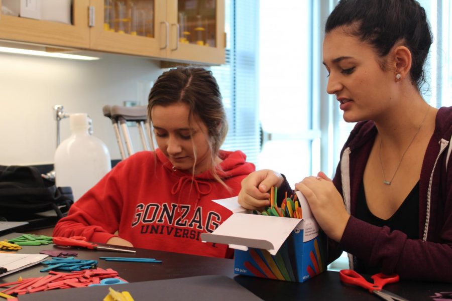 Students work to build a model of an efficient emergency room within the Biomedical Innovations. The class used arts and craft materials as a way to visualize their studies.