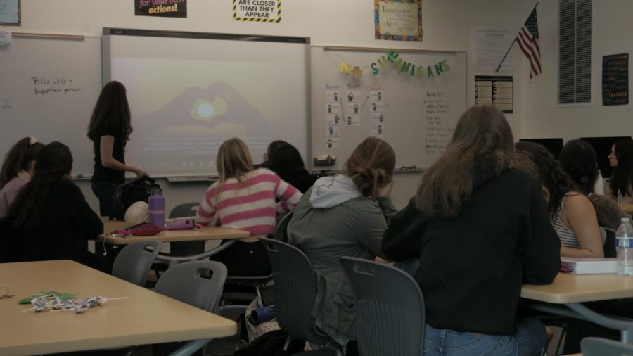 Counselor Megan Corazza visits AP Literature students the Friday after viewing the “Angst” documentary. The team is hoping that the showing of “Angst” will help lead to a school-wide conversation on topics including anxiety and stress.