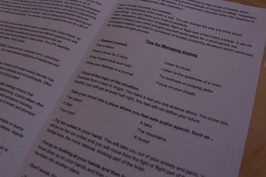 Complimentary to the viewing experience of “Angst,” students were given a pamphlet filled with “helpful anxiety information.” One of the highlights of both the documentary and the pamphlet are diverse “tips for managing anxiety” that students can take to help with any anxiety they face themselves or the anxiety their peers deal with.