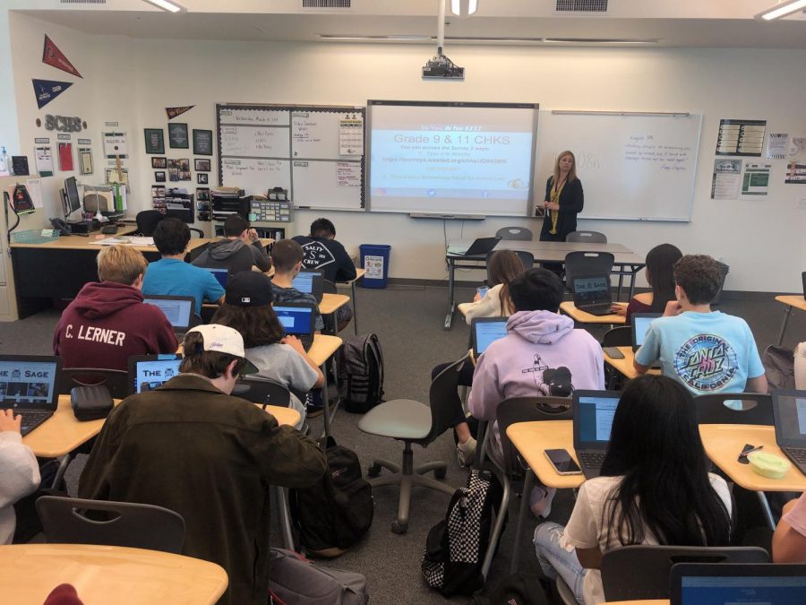 The freshman class taking the California Health Survey during their advisory period. Both the freshman and junior class took these surveys to promote better health within high school students regarding drug abuse and violence. 