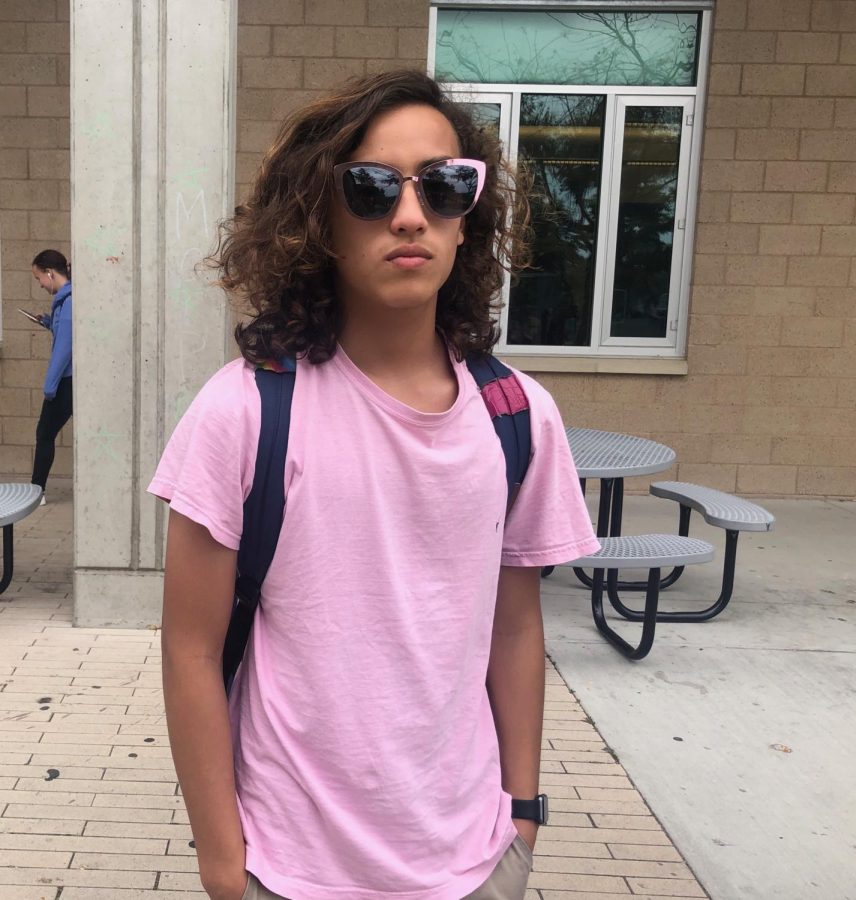 Freshman Sean Leong dresses in a pink shirt and sunglasses for Mrs. Olivia Fairclough. Ms. Olivia had her last day of the year Wednesday after she was recently diagnosed with breast cancer. 