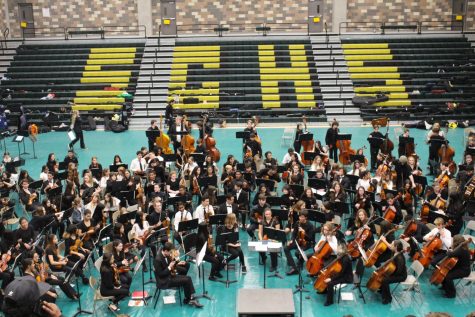 Students prepare to perform the final piece for the CUSD combined orchestra concert. On January 27, CUSD Middle schools, Hope elementary and Sage Creek High School performed all together.