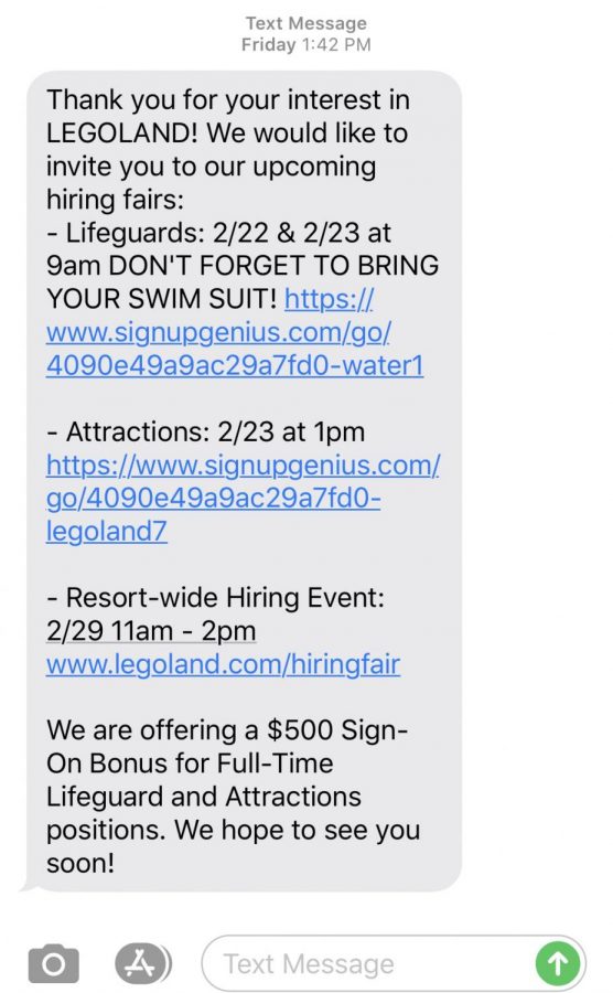 Text sent by LegoLand regarding their upcoming hiring fairs. LegoLand also offers online applications on their general website. 