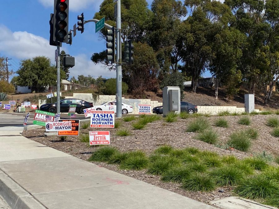 Many political campaign yard signs are by a large intersection in Carlsbad. Many yard signs have been placed in public intersections as well as private yards in support of a large variety of candidates. 