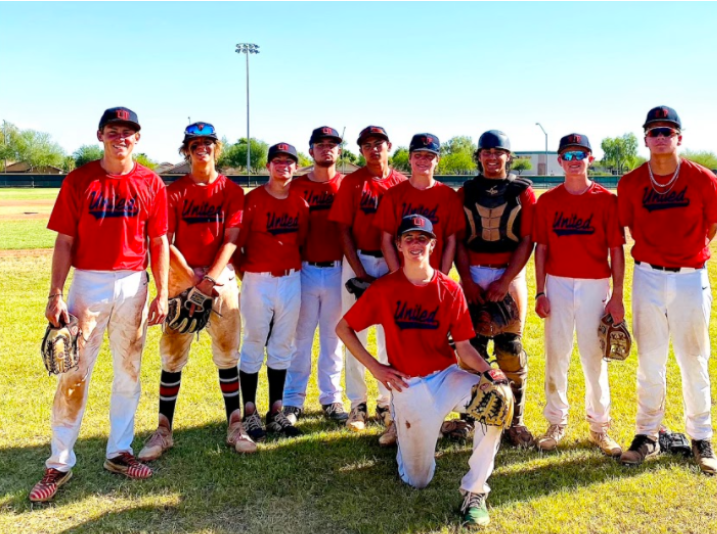 Due to the strict regulations in California, many teams have gone out of state to compete. Sage Creek students Noah Sharar, Tucker Biehl, Colby Keisling, Jo Thompson and Tyler Rhyne stand with other teammates after a game. 