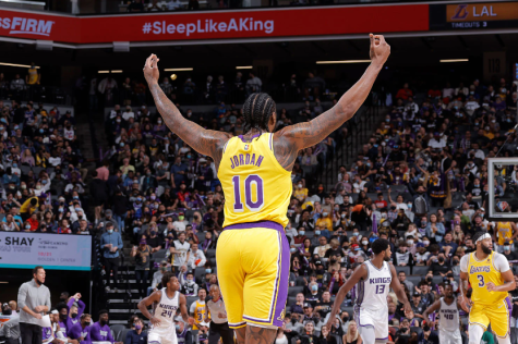 DeAndre Jordan #10 celebrates during a preseason game against Sacramento Kings. The Kings defeated the Lakers 116-112.