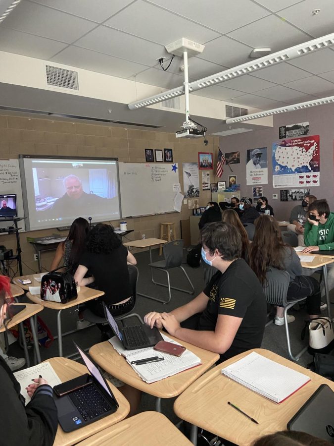 AP government students listen to David Cassirer during a virtual classroom visit. Cassirer spoke about his experience going through the court system and answered individual students questions about his case and the Supreme Court. 