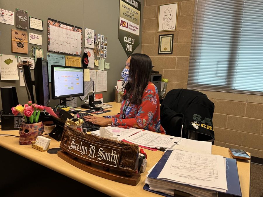 Jocelyn South works in her office in the front office building. She has worked at Sage Creek since the high school opened in 2013.