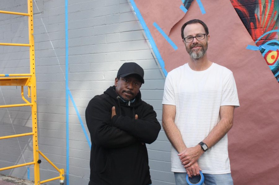 Dynamic artist duo King Cre8 (left) and Bryan Snyder (right) pose before getting to work on the collaborative Carlsbad Art Wall project. The art wall features 17 artists of varying backgrounds, including muralists like Snyder and Cre8, to highlight the importance of artistic diversity. 