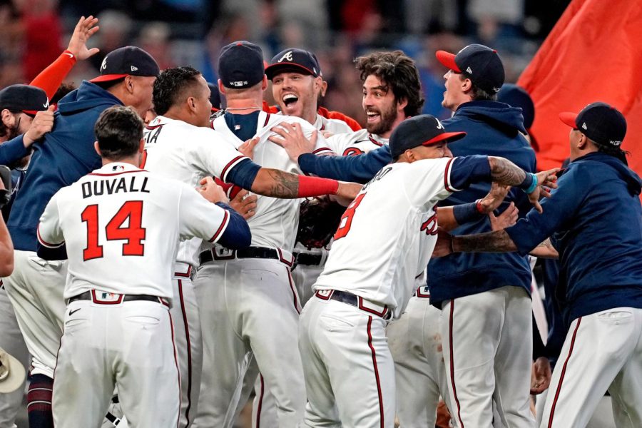 The Braves swarm the pitcher’s mound following the final out of the World Series. Astros’ first baseman, Yuli Guerriel grounded out to Braves’ shortstop, Dansby Swanson to ensure their fourth championship as a franchise, their first since 1995.