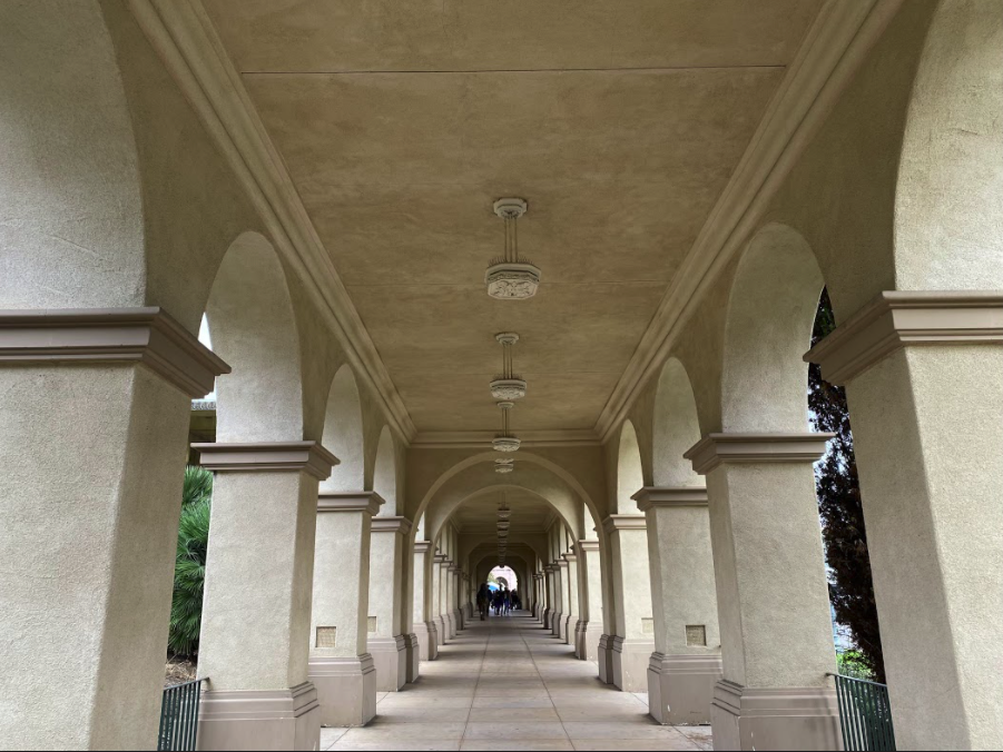 One of Balboa Park’s covered walkways is held up by pillars. Located near the center of the park, these walkways allow visitors to move around the park easily no matter the weather. 