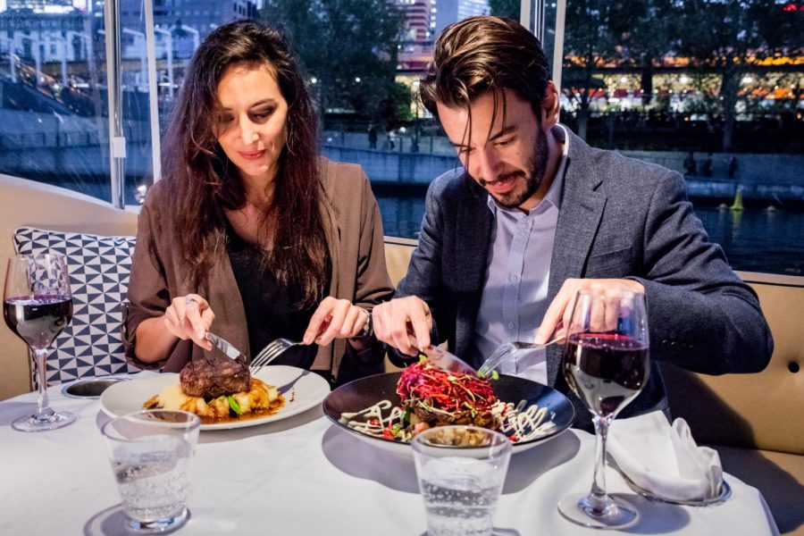 A couple enjoys a luxury meal. Flagship Cruises and Events offers guests a gourmet three-course meal for their special Valentine’s Day Dinner Cruise. 
