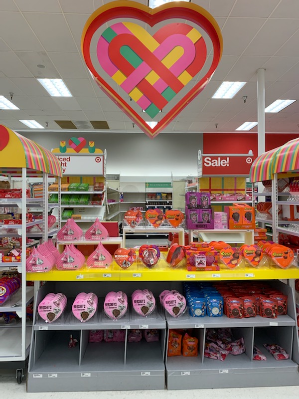 Target gets ready for Valentine’s Day with a cute set up displaying different varieties of holiday chocolate. Valentine’s Day is the holiday to buy chocolate and/or little gifts to give to your loved ones.