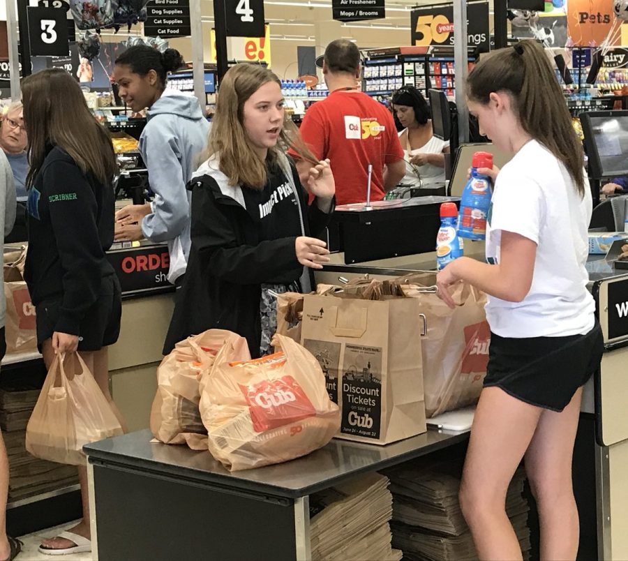 Two teen girls assemble 
 groceries into bags. If this looks like something you might want to do, apply to your local grocery store.