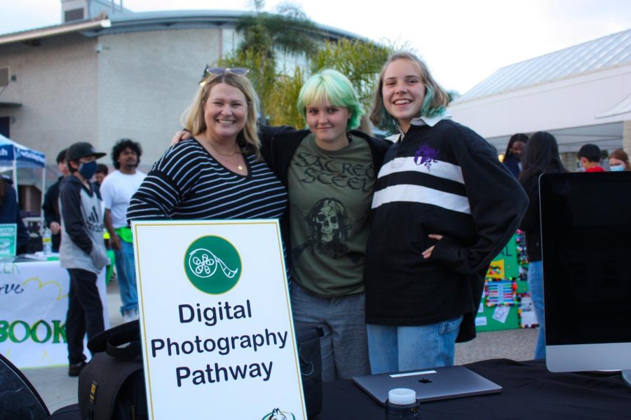 Photography teacher Jodi Williams and freshmen Robyn Ettesvol and Mariah Mattull showcase the equipment utilized within digital photography courses. The Digital Photography Pathway offers experience not only behind the camera, but with editing softwares as well such as Adobe Photoshop. 