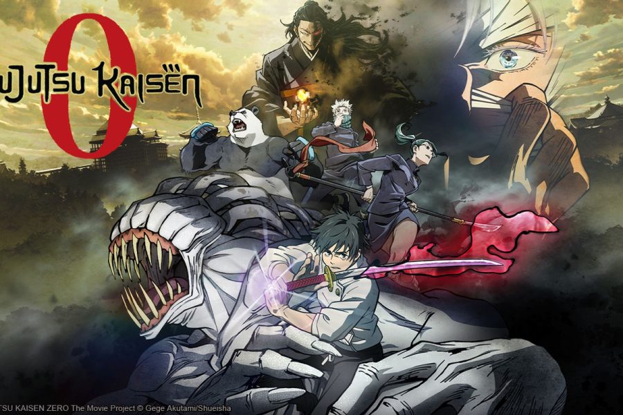 The American poster for Jujutsu Kaisen 0: The Movie. The poster displays all the major characters of the film including the students and teacher of Jujutsu High. 