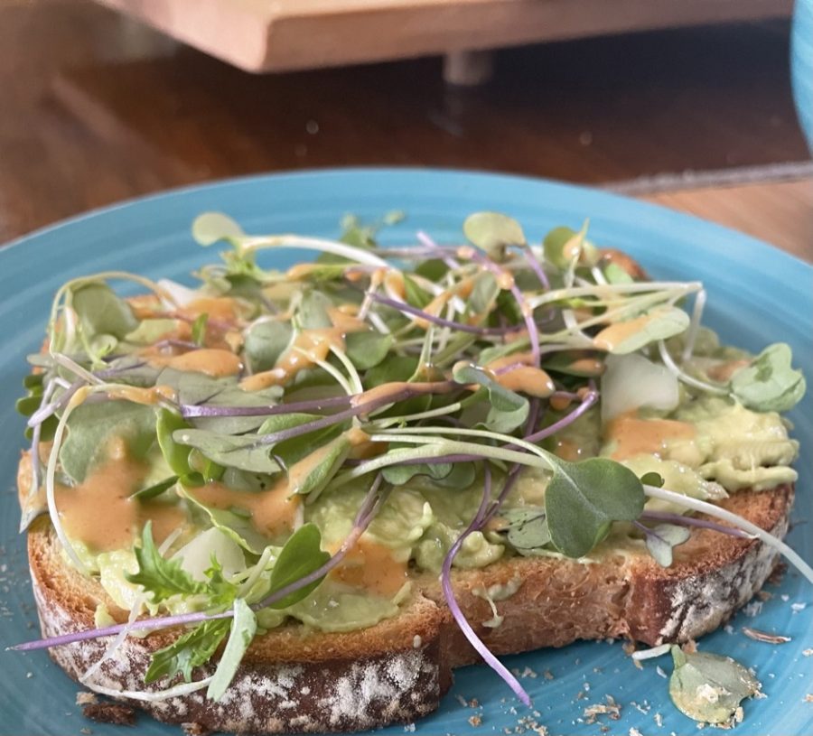 An organic fresh avocado toast is topped with chopped onion, micro-greens and homemade hot sauce. The ingredients were all washed with and consisted of alkaline water, along with being non-genetically modified. 