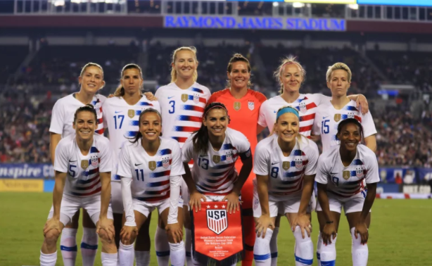 Members+of+the+U.S.+womens+national+soccer+team+filed+a+lawsuit+in+March+of+2019+for+gender+discrimination.+On+March+5%2C+the+team+is+seen+playing+Brazil+in+Tampa+Florida.