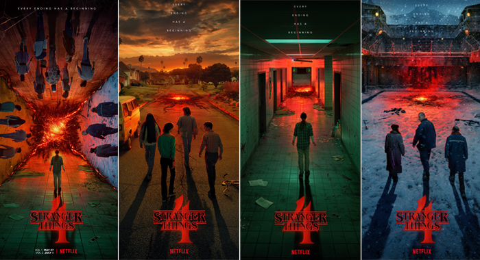 A set of the four different season four teaser posters for Stranger Things. The new season will occur six months after the events in the season three finale.  