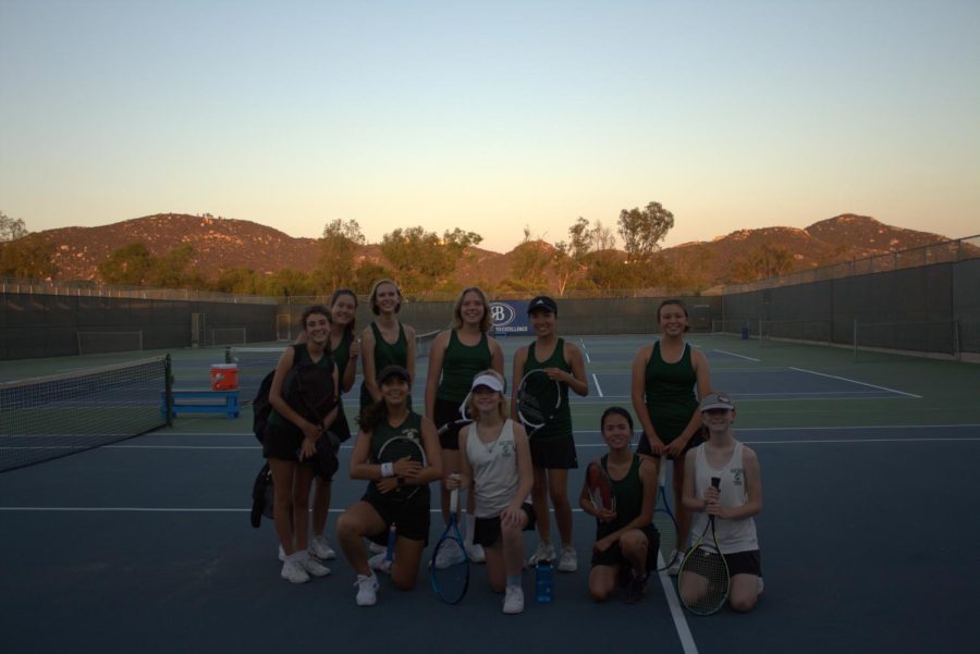 The+JV+starting+lineup+poses+after+a+successful+game+day+at+Rancho+Bernardo+high+school.+The+match+ended+in+a+14-12+win+by+Sage+Creek.+