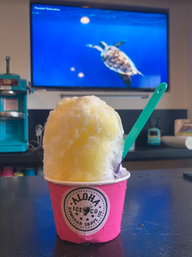 A stuffed cup of shaved ice sits on a counter with the shop’s decor in the background. The ice is topped with a unique color-changing spoon.