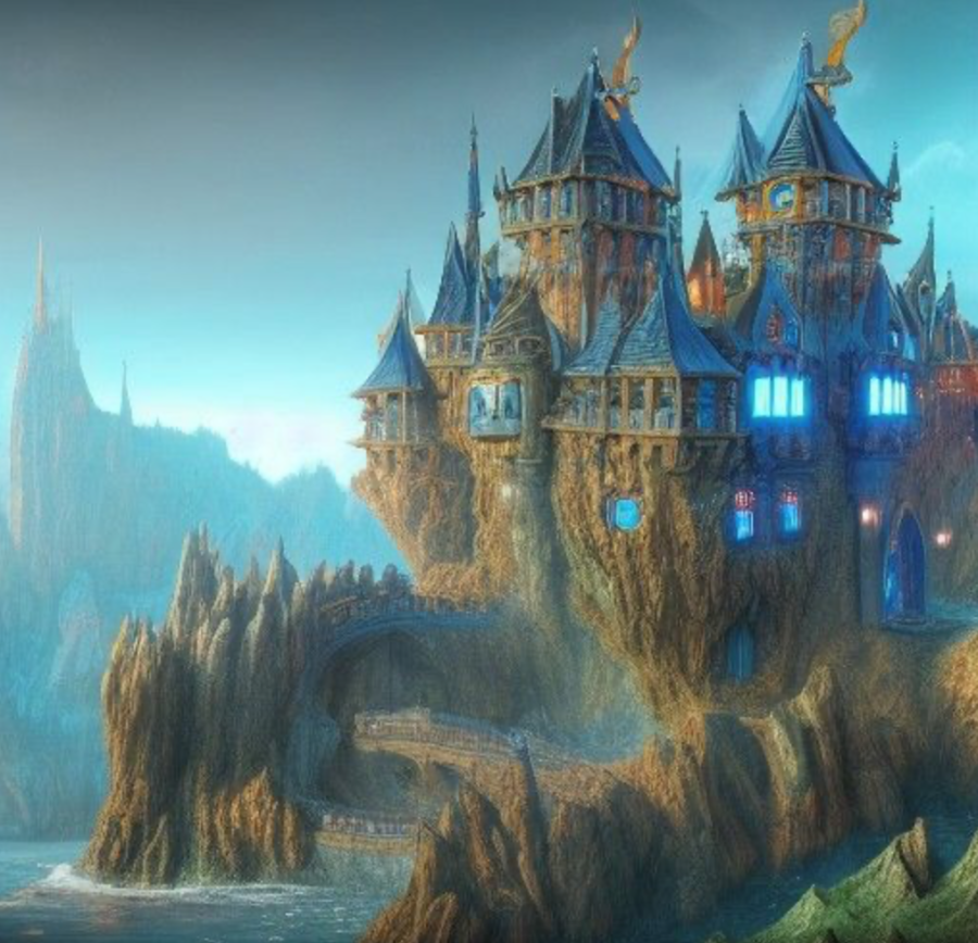 A blue castle sits upon a lake. This art piece was created using the software NightCafe with the style “NightCafe.” 
