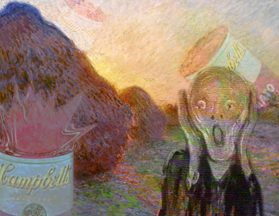 Warhol’s “Campbell’s Soup Cans” cover Monet’s “Les Meules,” leaving Munch’s “The Scream” in shock. The photoshopped piece comments on the current state of climate protests. 