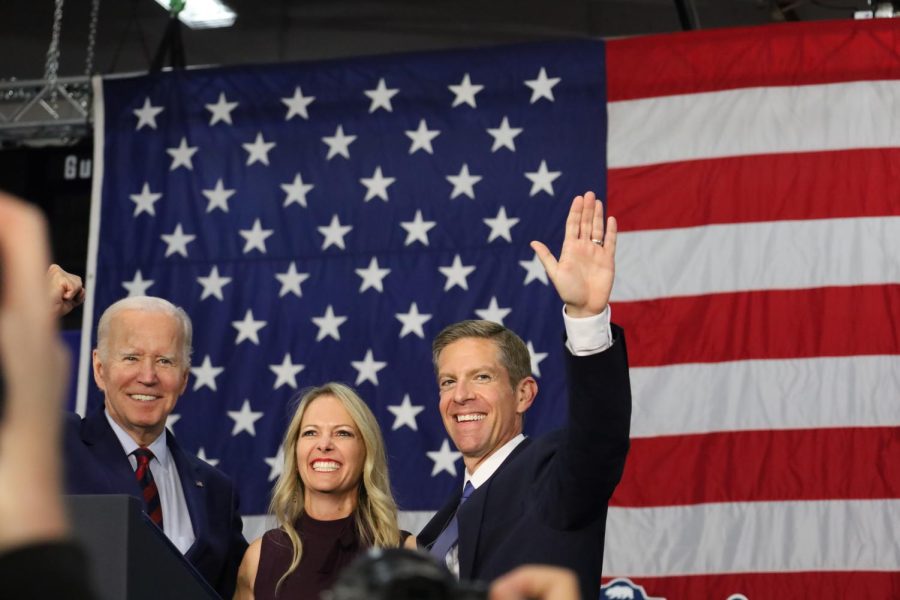 President Joe Biden (left) stands with Chrissy Levin (middle) and Rep. Mike Levin (right) at the end of the event. Biden visited Oceanside in order to rally for Levin’s re-election campaign. 
