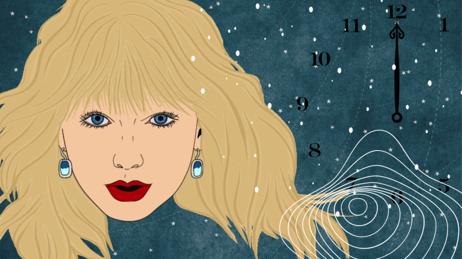 Taylor+Swift+is+shown+next+to+a+clock%2C+representing+the+title+of+her+new+album%3A+Midnights.+The+new+album+is+her+tenth+studio+album.