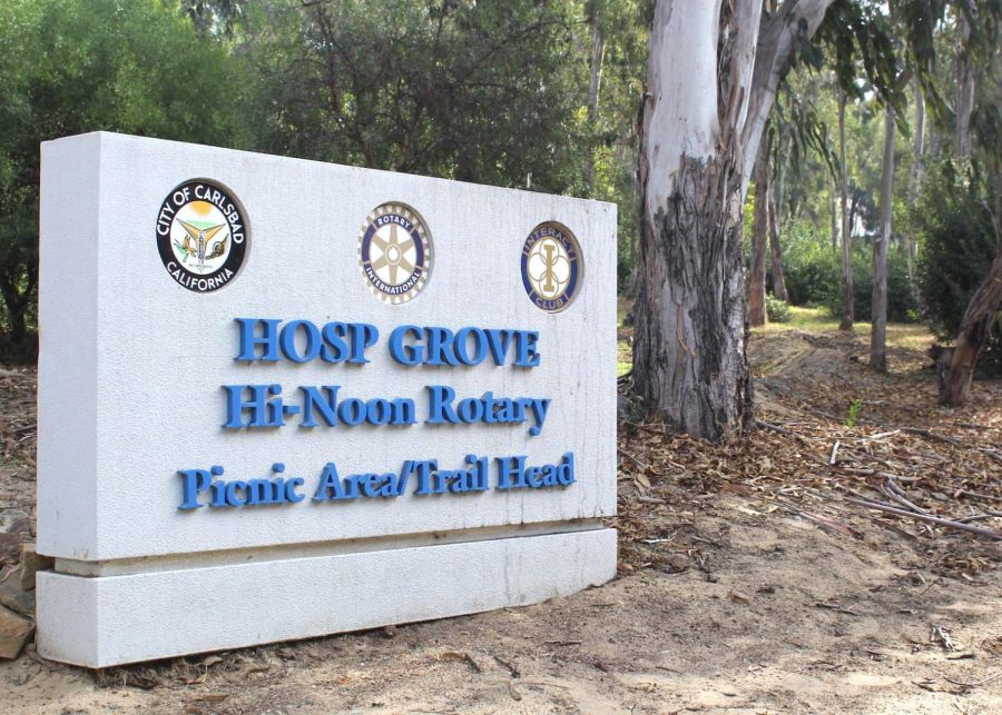 A sign in front of Hosp Grove park trailhead leads to Hosp Grove park. The familiar sign marks the entrance to the trail where Beaudet stabbed Thorburg in 2020. 