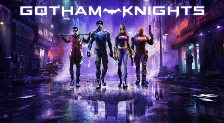 The four knights (left to right: Batgirl, Red Hood, Nightwing and Robin) huddle around butler/mentor Alfred Pennyworth. Without the presence of Batman, Alfred must take the responsibility of guiding the knights through difficult decisions.