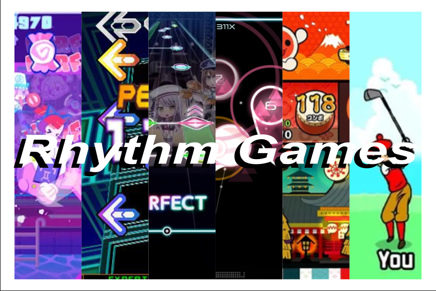A collage of various different rhythm games lists from left to right “Muse Dash,” “Dance Dance Revolution,” “Bang Dream! Girls Band Party,” “Osu! Laser,” “Taiko no Tatsujin” and “Rhythm Heaven Fever.” Rhythm games have been around since 1996 and see some popularity in certain parts of the video game community.