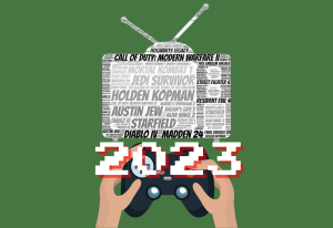 Various titles from 2023 form together in the shape of a television to represent the collection of vast genres. 2023 was a remarkable year for the gaming industry, having something special for gamers of all kinds.