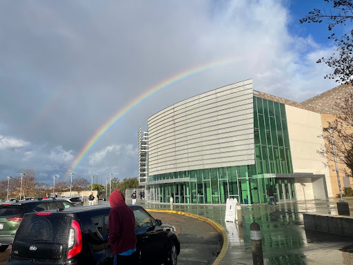 A rainbow arches over the PAC following rain showers earlier that morning on February 7, 2024. The partial blue sky leaves students hopeful that the rain will cease while they’re at school. 