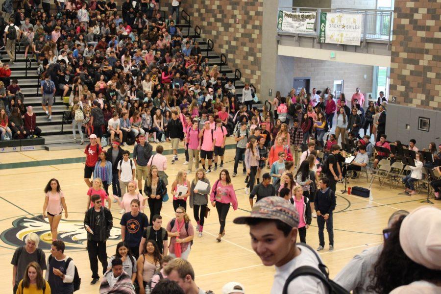 The Bobcat student body storms the Bobcat arena in preparation for the first pep rally of the year