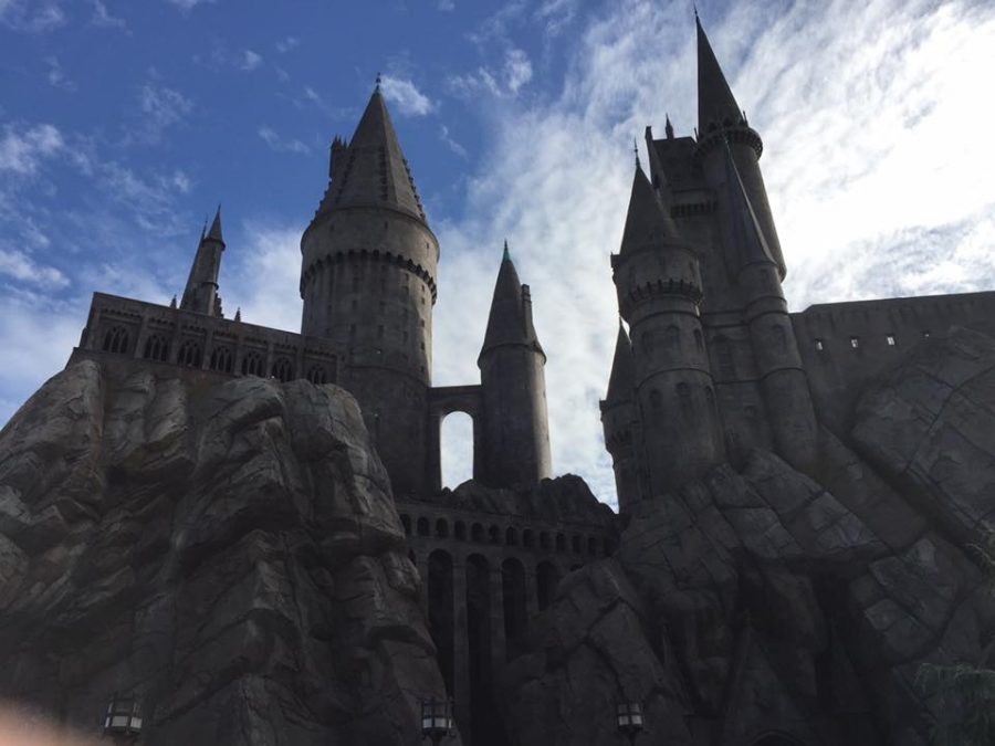 Hogwarts paints the sky with its majestic construction.