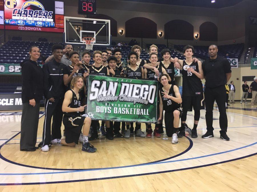 The 2016-2017 Varsity Basketball team gathers together after their CIF victory against Mount Miguel